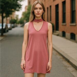 DREW Ribbed Choker V-Neck Sleeveless Knit Pink Mini Dress, Marsala, Size M